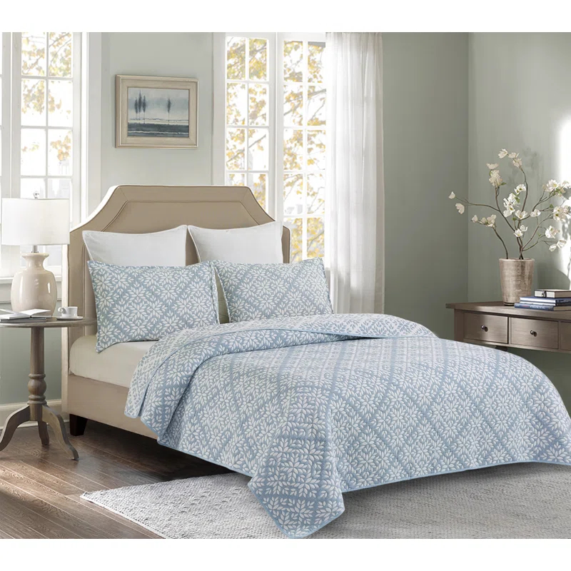 C&F Home Blue Leaves Jacquard Reversible Quilt Set
