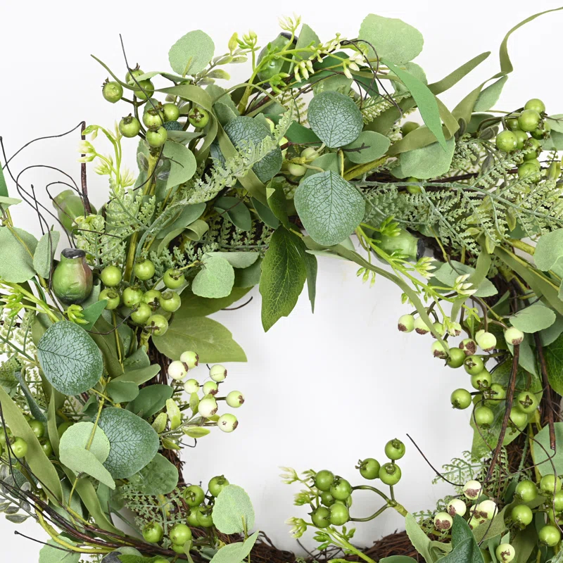 The Holiday Aisle® 22" Artificial Spring Summer Farmhouse Eucalyptus Berry Front Door Wreath