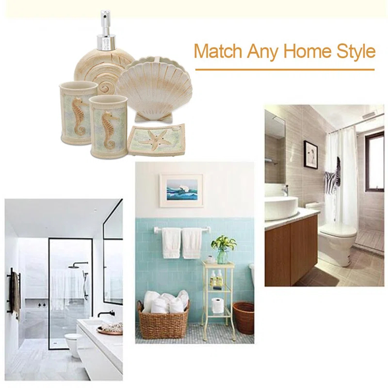 Rosecliff Heights Set, 5 PCS Beach Seashells Ensemble Set Includs Soap Dispenser, Soap Dish, Tumbler, Toothbrush Holder - Ivory Polyresin Set For Home, Office, Superior Hotel | Wayfair