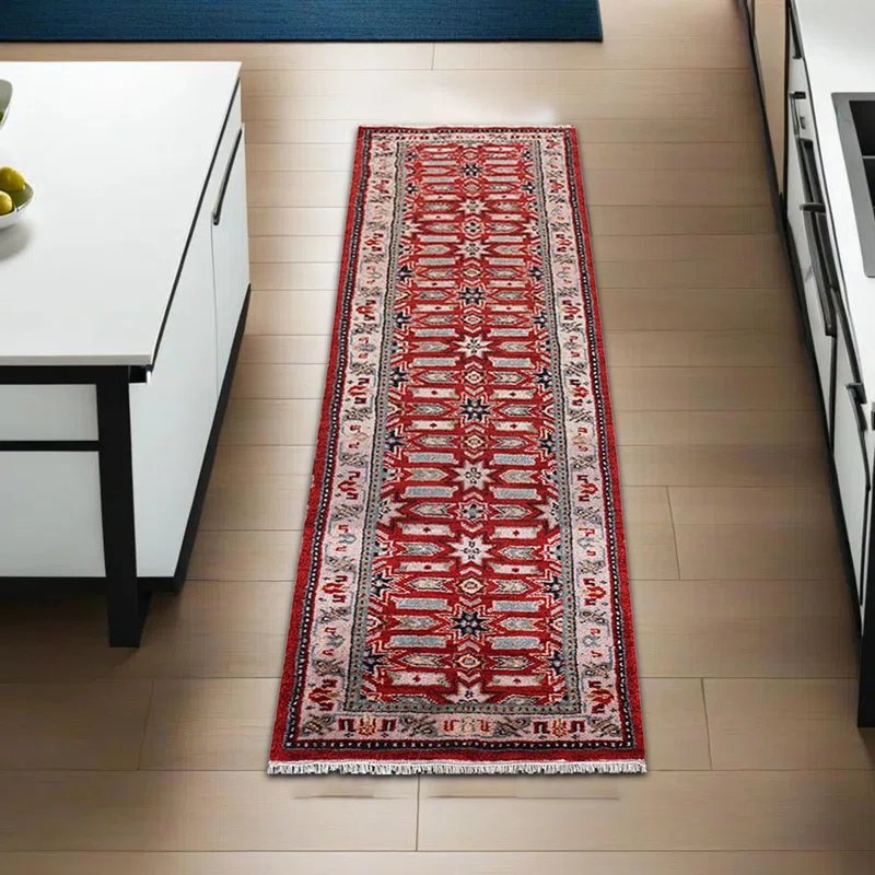 Bungalow Rose Elle-Jade Hand Knotted Premium Quality Oriental Red Cream Silk And Wool Rug