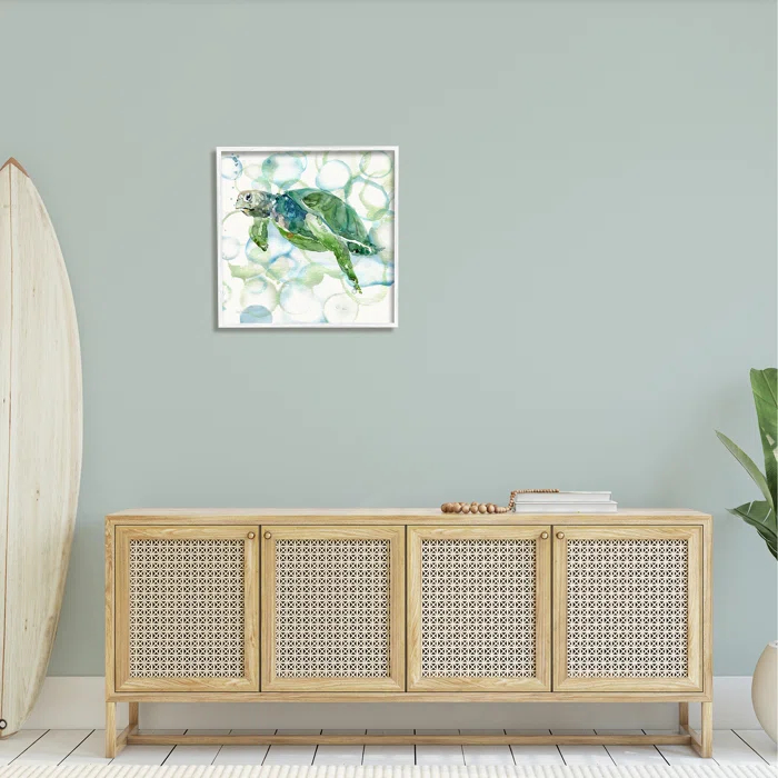 Stupell Industries " Watercolor Sea Turtle Swimming Ocean Water Bubbles " by Carol Robinson Painting Print