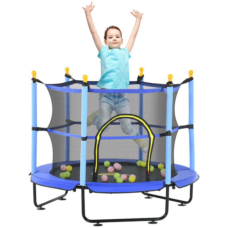 Qaba 4.6' Trampoline For Kids, 55 Inch Toddler Trampoline With Safety Enclosure & Ball Pit For Indoor Or Outdoor Use, Built For Kids 3-10 Years, Yellow