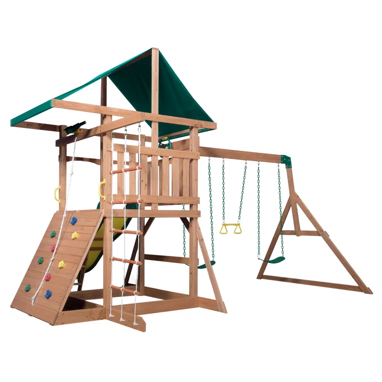 Backyard Discovery Backyard Discovery Mount Mckinley Cedar Wood Swing Set with Wave Slide, Play Deck, Double Rock Wall, and Rope Ladder