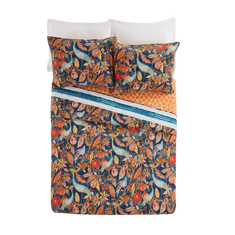 Dena Home Peacock Garden Cotton Reversible 3 Piece Quilt Set