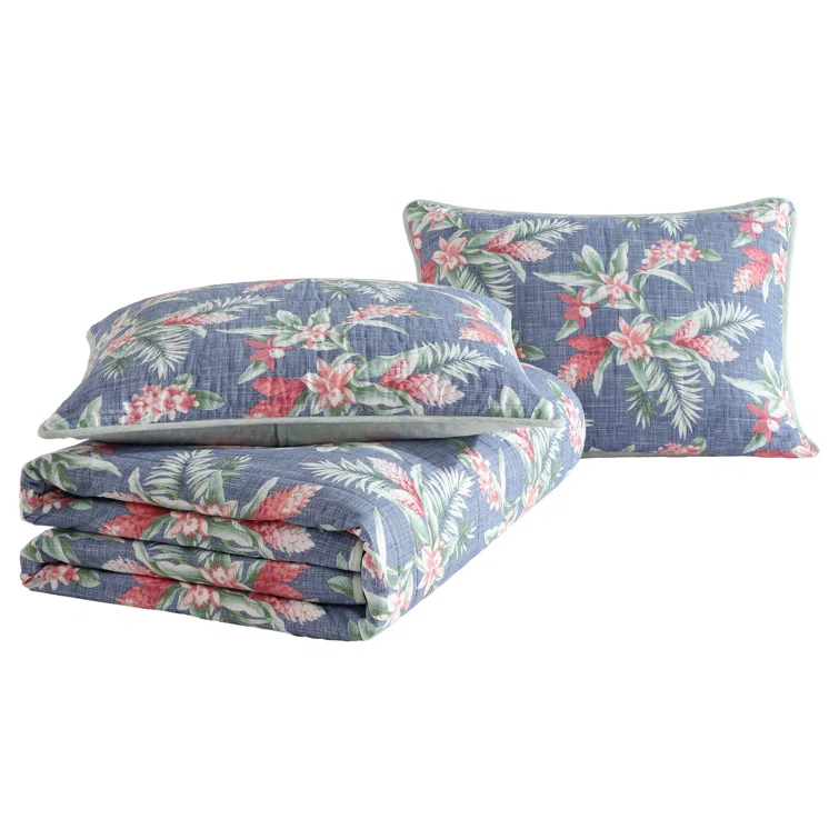 Eddie Bauer Tommy Bahama Floral Enchantment Cotton Reversible Blue Quilt Set