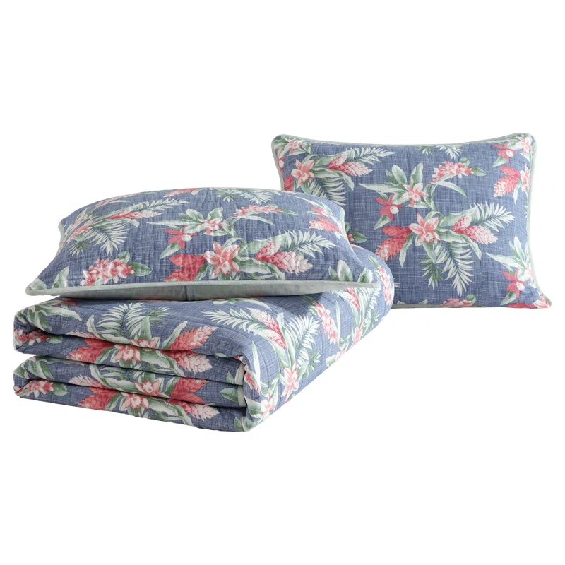 Eddie Bauer Tommy Bahama Floral Enchantment Cotton Reversible Blue Quilt Set