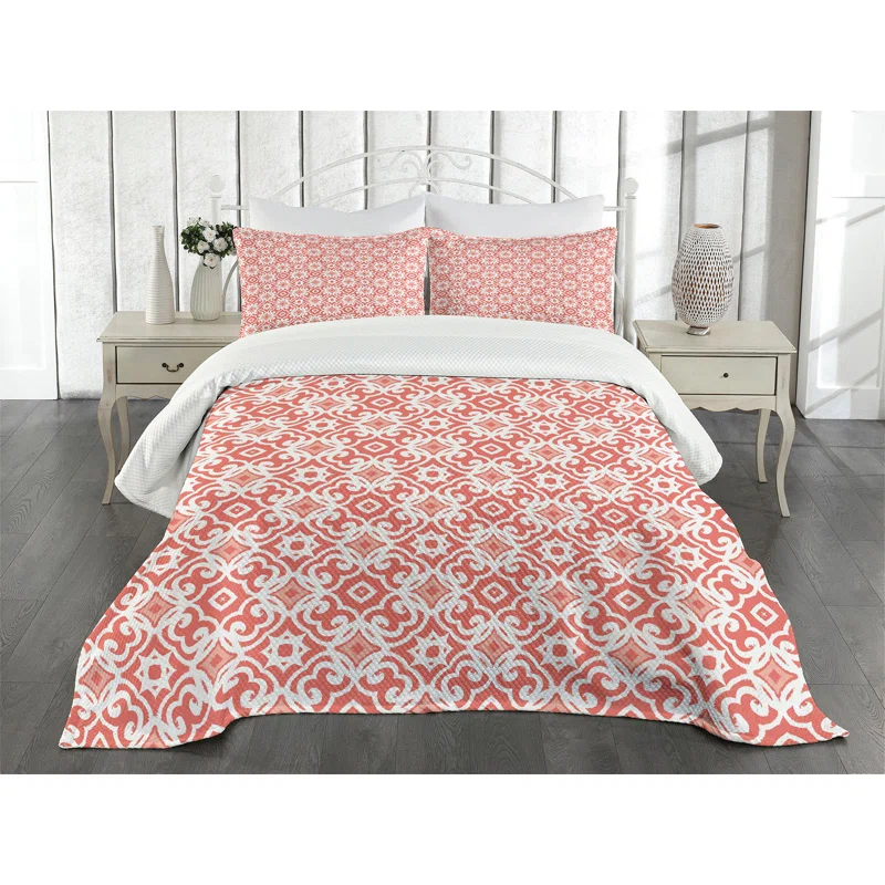 Ambesonne Ambesonne Coral Bedspread Set Vintage Art Deco Pattern Coral Pale Coral White