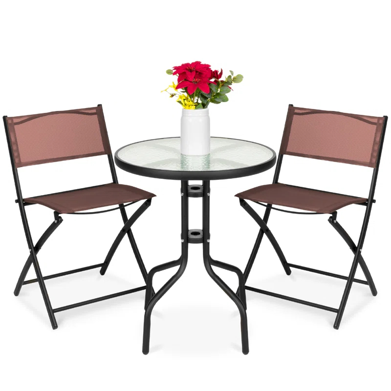 George Oliver 3-Piece Patio Bistro Dining Furniture Set W/ Glass Tabletop, Folding Chairs