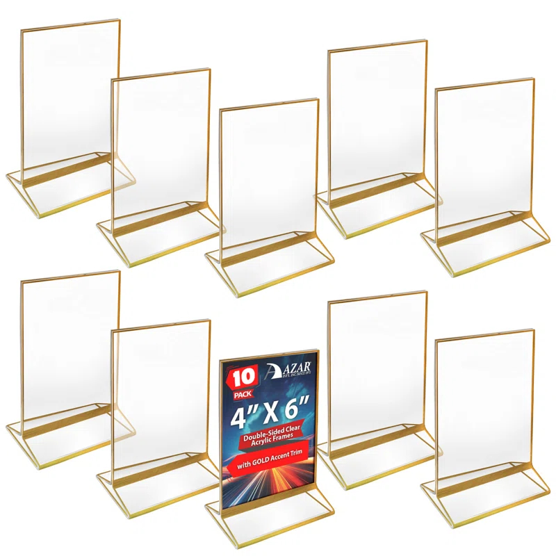 Azar Displays Double-Sided Clear Acrylic Frames with Gold Accent Trim 4" Wide x 6" High, 10 Pack
