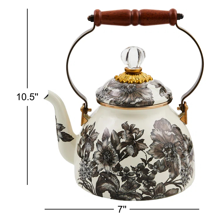 MacKenzie-Childs Sterling Check English Garden 2 Quart Tea Kettle