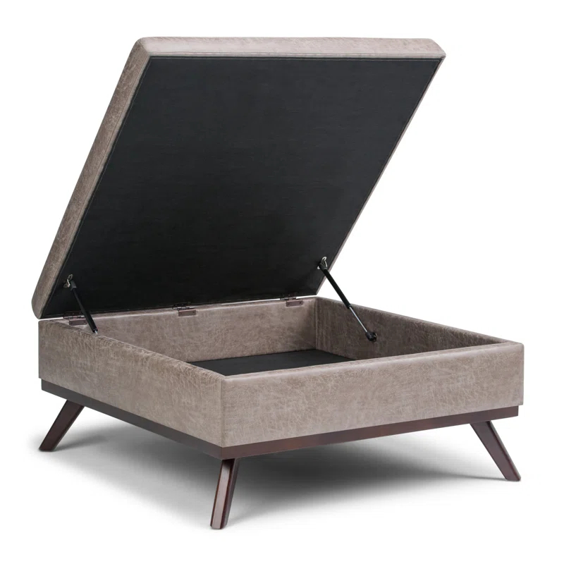 Simpli Home Owen 36"W Upholstered Square Coffee Table Storage Ottoman with Lift Top and Solid Wood Legs