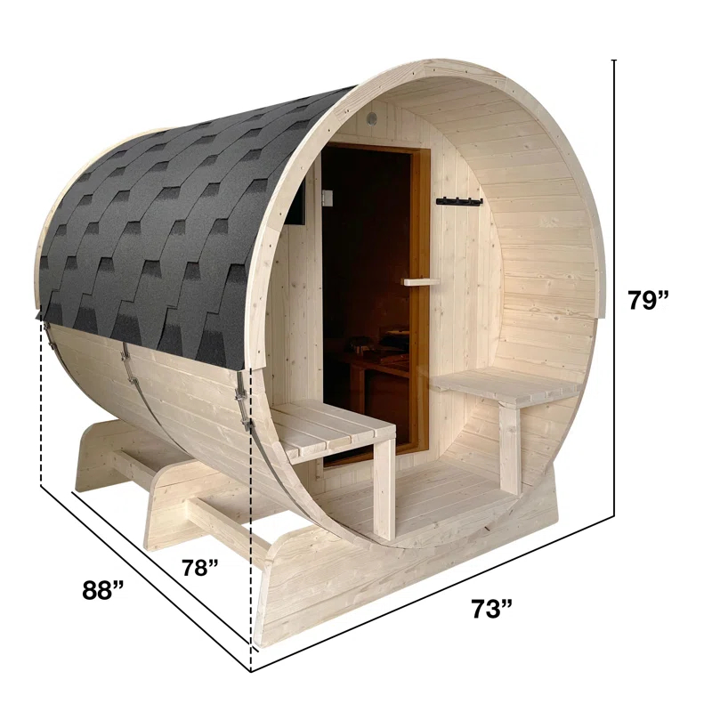 ALEKO Outdoor or Indoor White Finland Pine Wet Dry Barrel Sauna - Front Porch Canopy - 8 kW UL Certified KIP Harvia Heater -6-8 Person