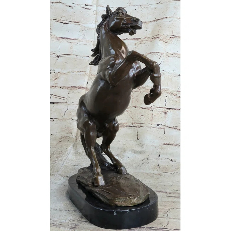 Charlton Home® Dumal Rearing Stallion Horse Bronze Sculpture Statue Figure On Marble Base By Lecourtier