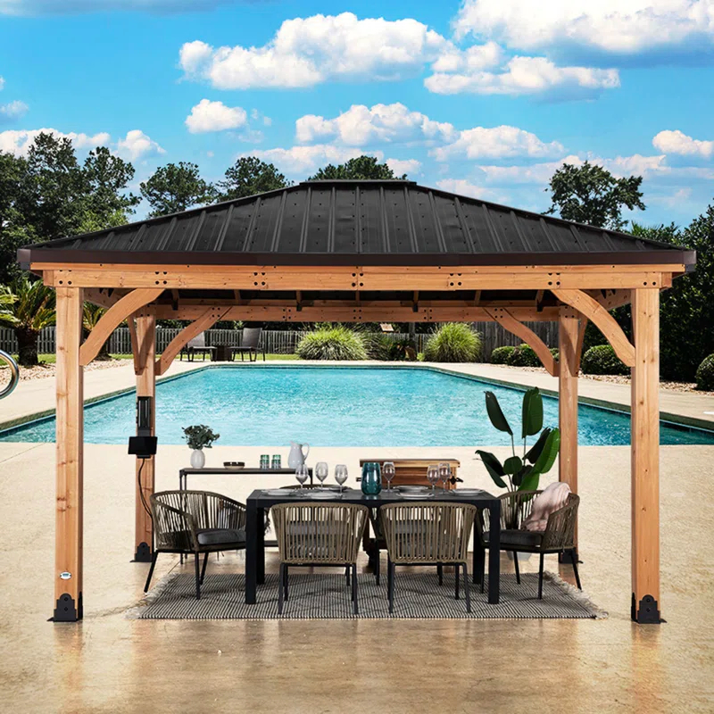 Backyard Discovery Backyard Discovery Barrington 14' x 12' Cedar Wood Outdoor Patio Gazebo with Hardtop Galvanized Steel Hip Roof and PowerPort