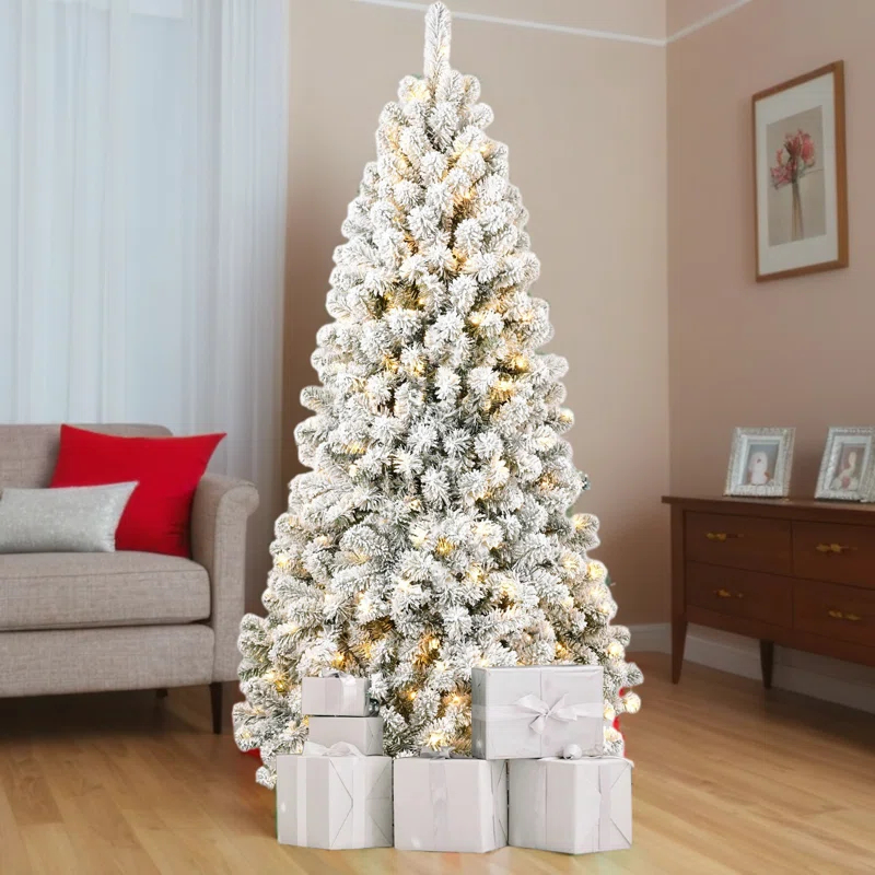 The Holiday Aisle® Pre-lit Artificial Christmas Tree Snow Flocked Holiday Christmas Tree with Metal Stand | Wayfair