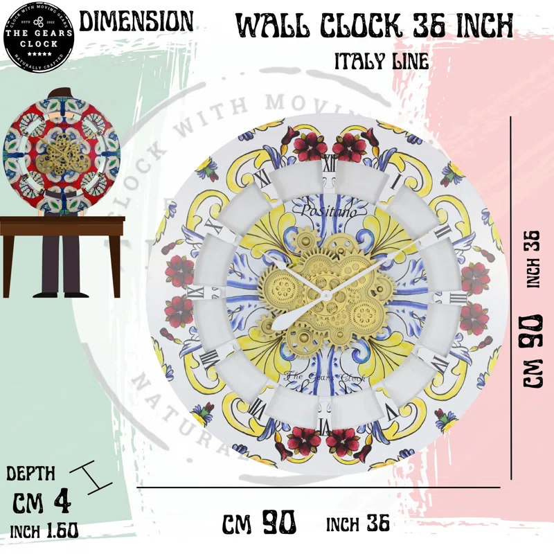 Wall Clock Oversized 36" for Living Room with Real Moving Gears Italy Style