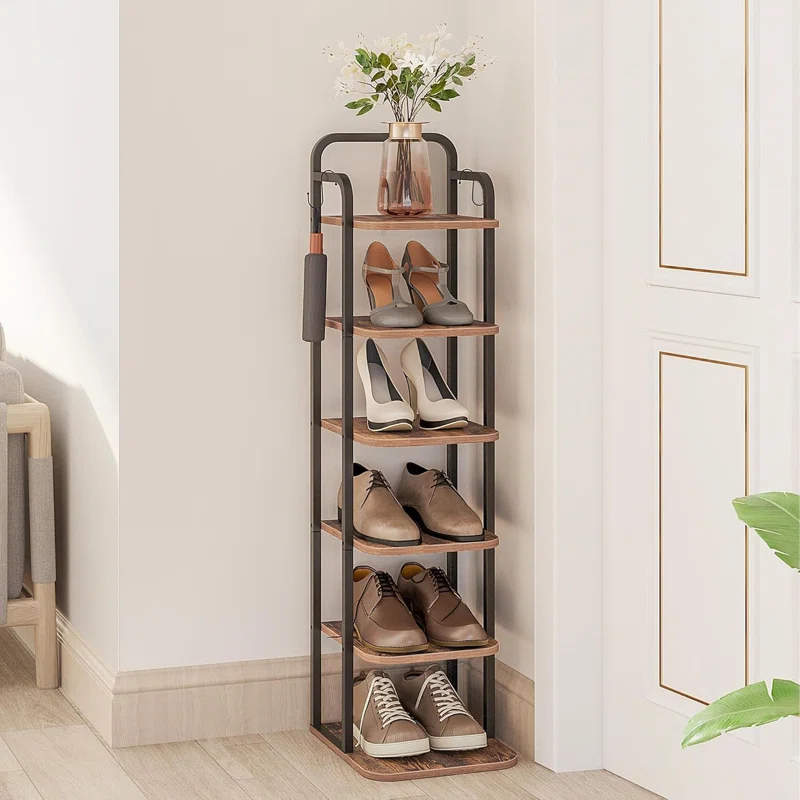 Vertical Shoe Rack, Shoe Shelves, Wood Shoe Organizer For Closet, Entryway, Shoe Tower For Small Spaces, Free Standing, Adjustable, With 2 Hooks, 6 Tier Rustic Brown