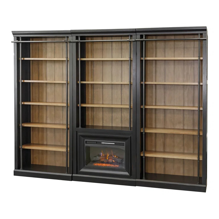 Birch Lane™ Frye Three 8' Tall Bookcase Wall With Fireplace and Ladder, Storage Organizer, Black