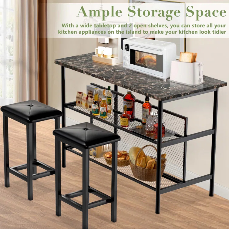 Ebern Designs Helidon 3 - Piece Trestle Dining Set w/2 Stools and 2 Open Shelves,Bar Height Table and Chairs