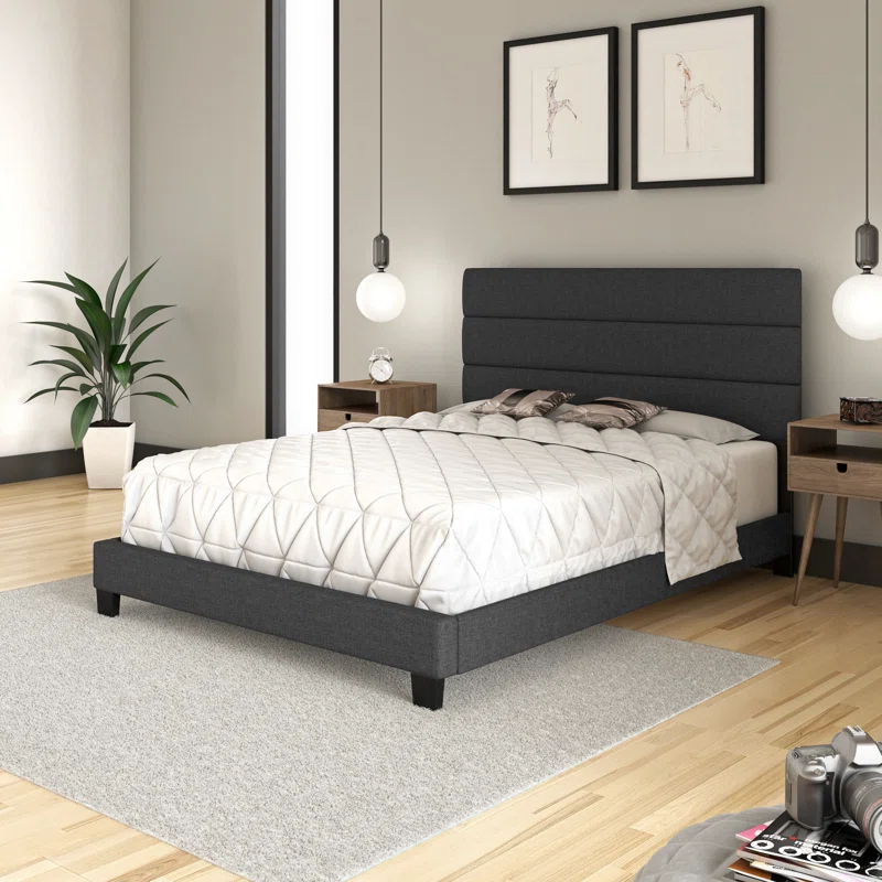 Boyd Sleep Ravenna Upholstered Linen Tri-Panel Channel Adjustable Height Headboard Platform Bed Frame