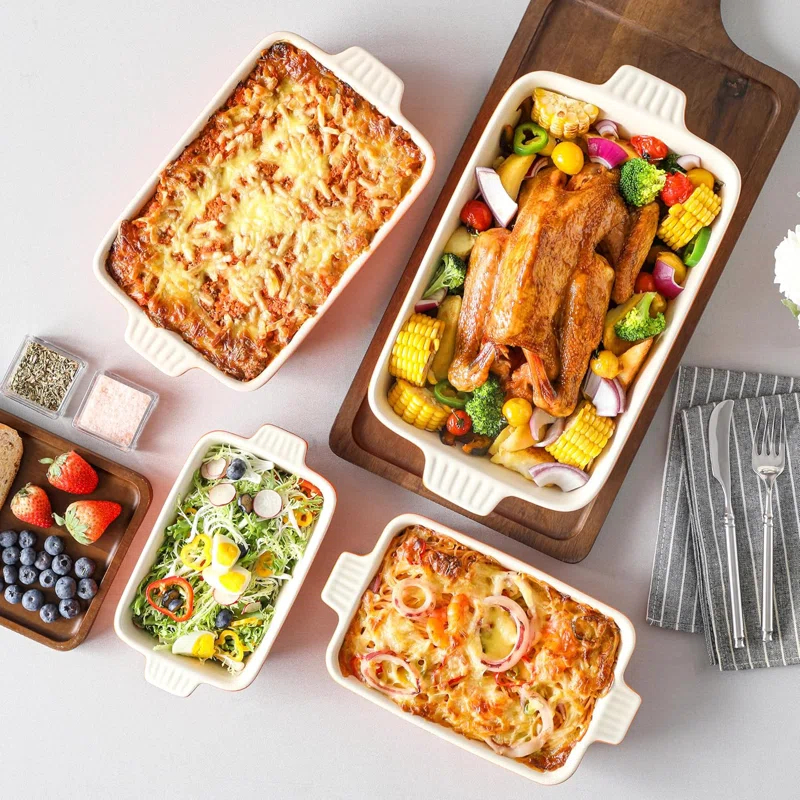 Adeco Trading Casserole Dishes For Oven, Porcelain Baking Dishes, Ceramic Bakeware Sets Of 4, Rectangular Lasagna Pans Deep With Handles For Baking Kitchen,  (9.4"/11.1"/12.2"/14.7"),