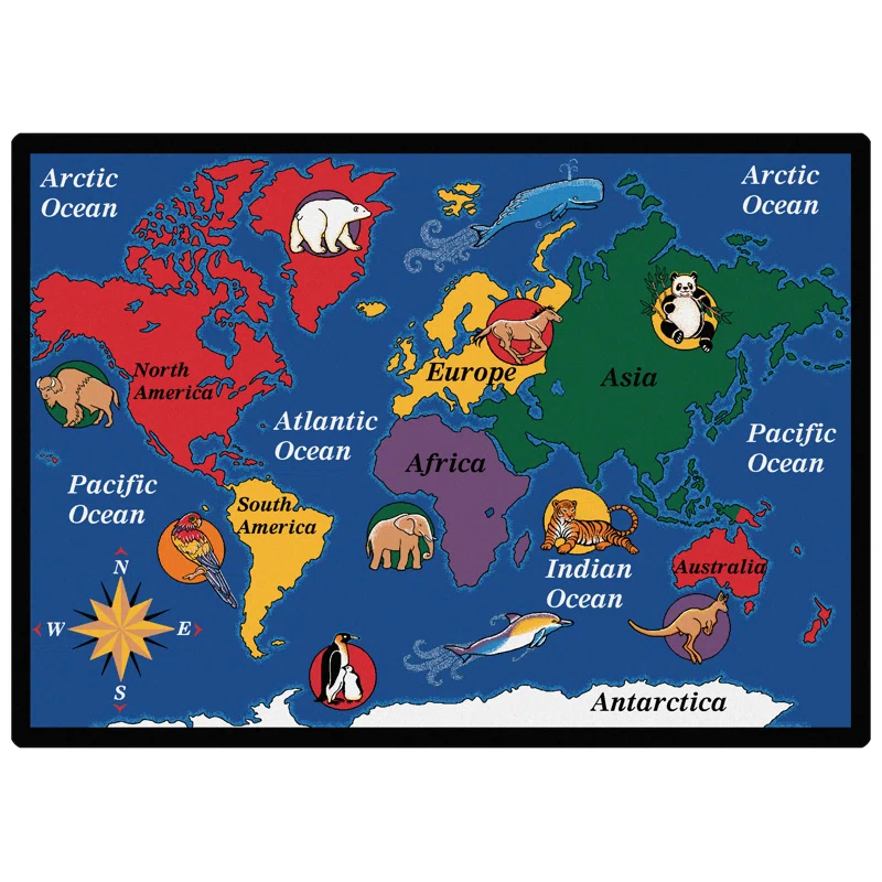 Carpets for Kids World Explorer Geography Map Premium Tufted Blue Area Rug