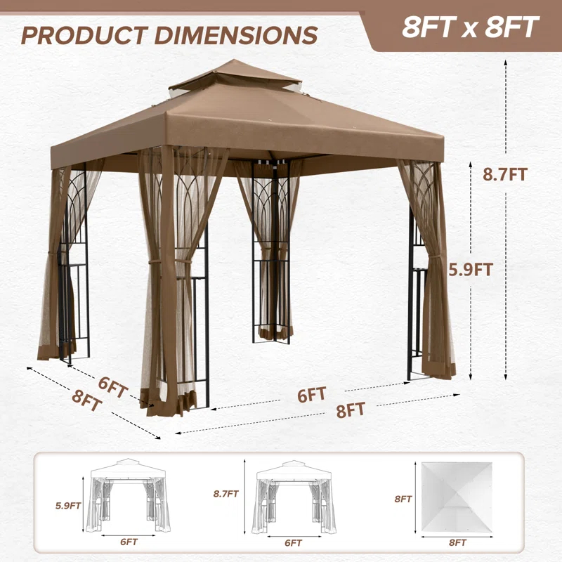 COOS BAY 8 Ft. W x 8 Ft. D Steel Frame Vented Soft Top Patio Gazebo with Mesh Netting, Corner Shelves