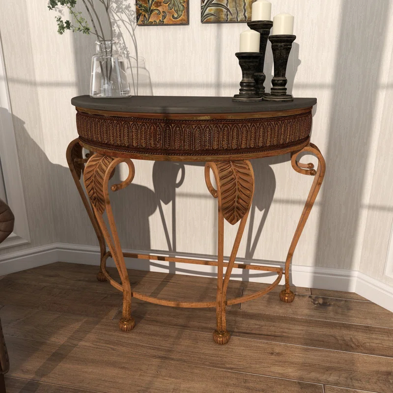 Alcott Hill® Allura Metal Embossed Leaf Console Table with Ornate Scroll Legs
