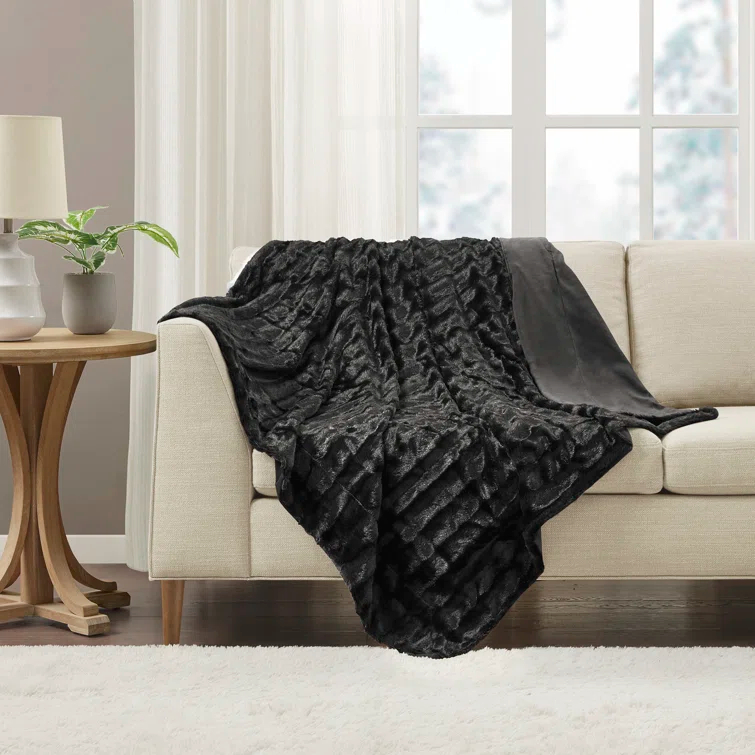 Madison Park Duke Black Long Fur Throw 50x60"