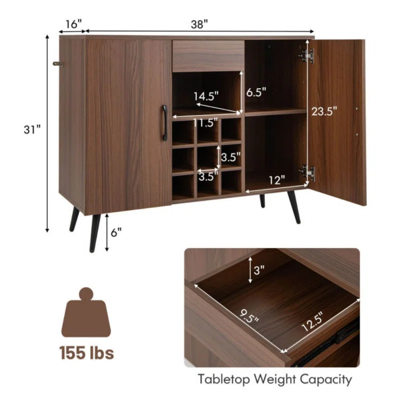 George Oliver Mid-Century Modern Buffet Sideboard Server Cabinet With 9-Bottle Wine Rack