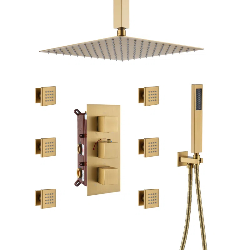 mondawe MD6865-BG Herathena 3 Functions Ceiling Mounted Thermostatic Shower System with 6 Body Jets