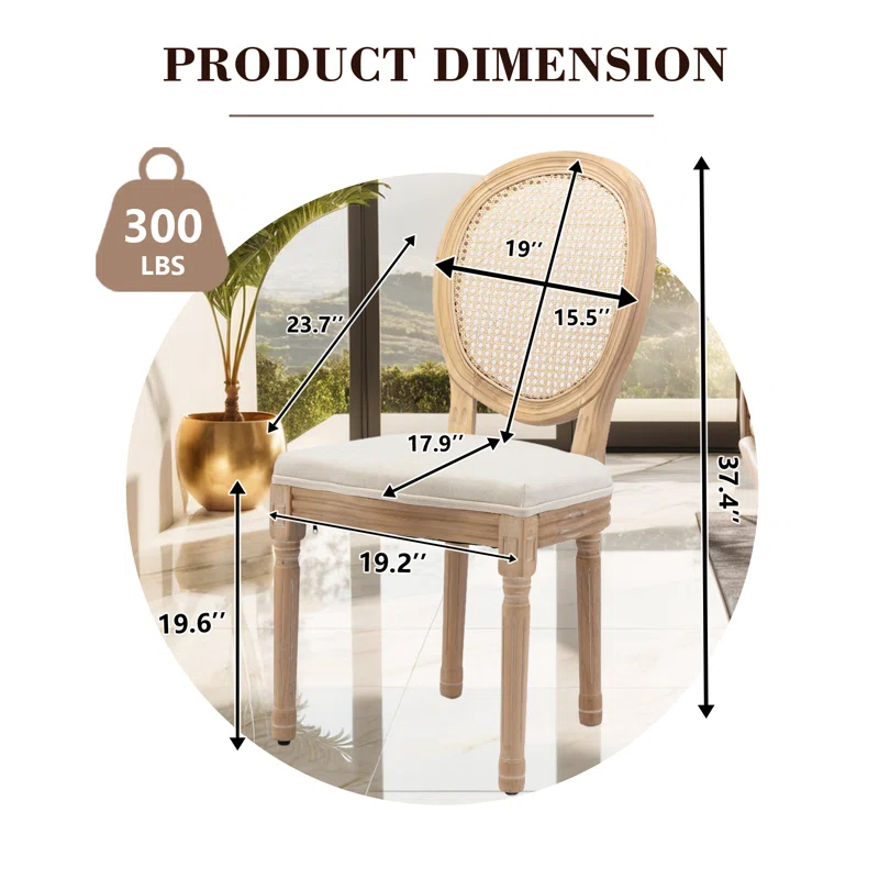 One Allium Way® French Style Rattan Back Solid Wood Upholstered Dining Chairs(Set of 6)