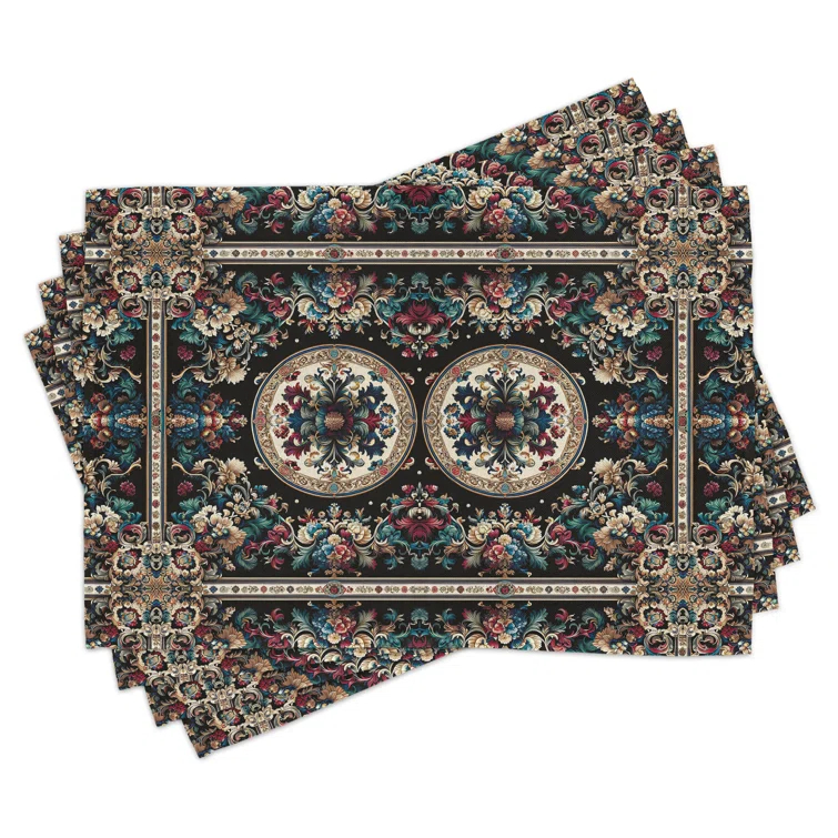 Ambesonne Ambesonne Oriental Table Runner & Placemats Placemat 4 pcs + Runner 12"x90" Beige Seafoam and Ruby