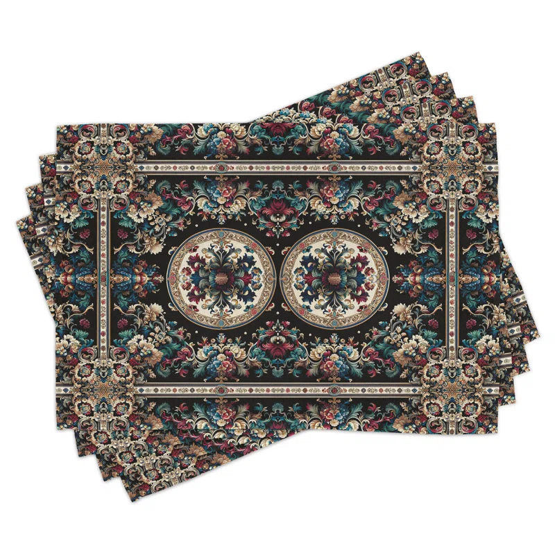 Ambesonne Ambesonne Oriental Table Runner & Placemats Placemat 4 pcs + Runner 12"x90" Beige Seafoam and Ruby