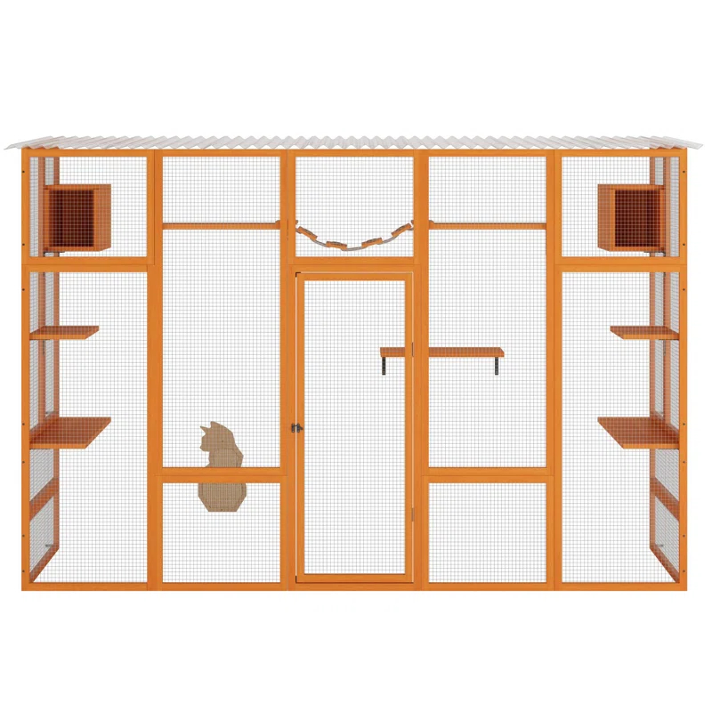 HOSSEJOY Wooden Cat Enclosure with 6 Jumping Platforms, 2 Cat Condos, Cat Bridge and Scratching Board