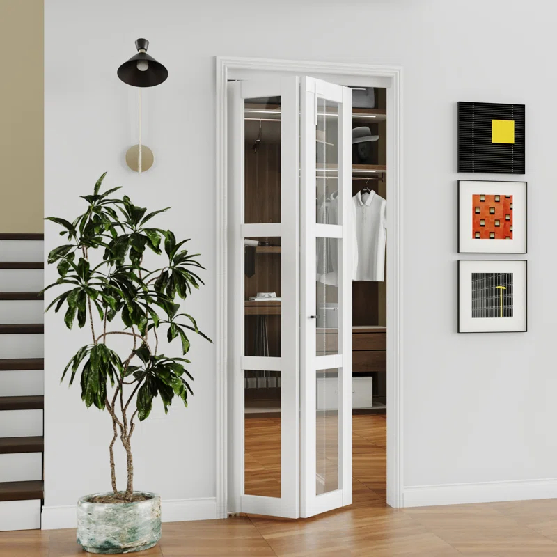 DOOOLI Glass Bifold Door - 3 Lite Transparent Glass Design With Bifold Door Lock & T Shape Handle