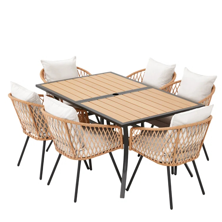 EROMMY 7 Piece Outdoor Dining Table Set, Patio Table And Chairs Set With 6 Rattan Chairs, Rectangular Table With Umbrella Hole, All-weather Patio Furniture For Backyard, Lawn, Garden