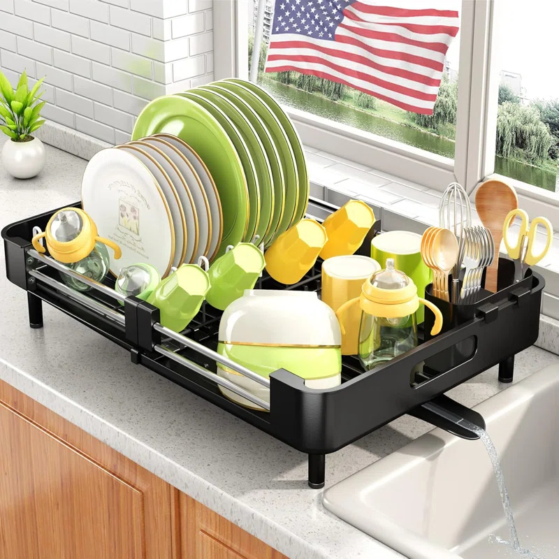 Anadea Expandable Dish Rack For Kitchen Counter, Large Dish Drainer, Stainless Steel Drying Dish Rack With Utensil Holder