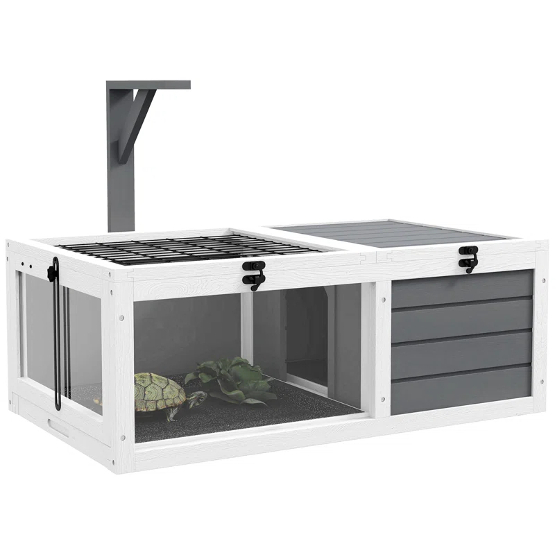 Tucker Murphy Pet™ Tortoise Habitat, Wooden Tortoise House, Indoor Outdoor Tortoise Enclosure With Lamp Holder, Pull-Out Waterproof Trays, Openable Lids, Gray