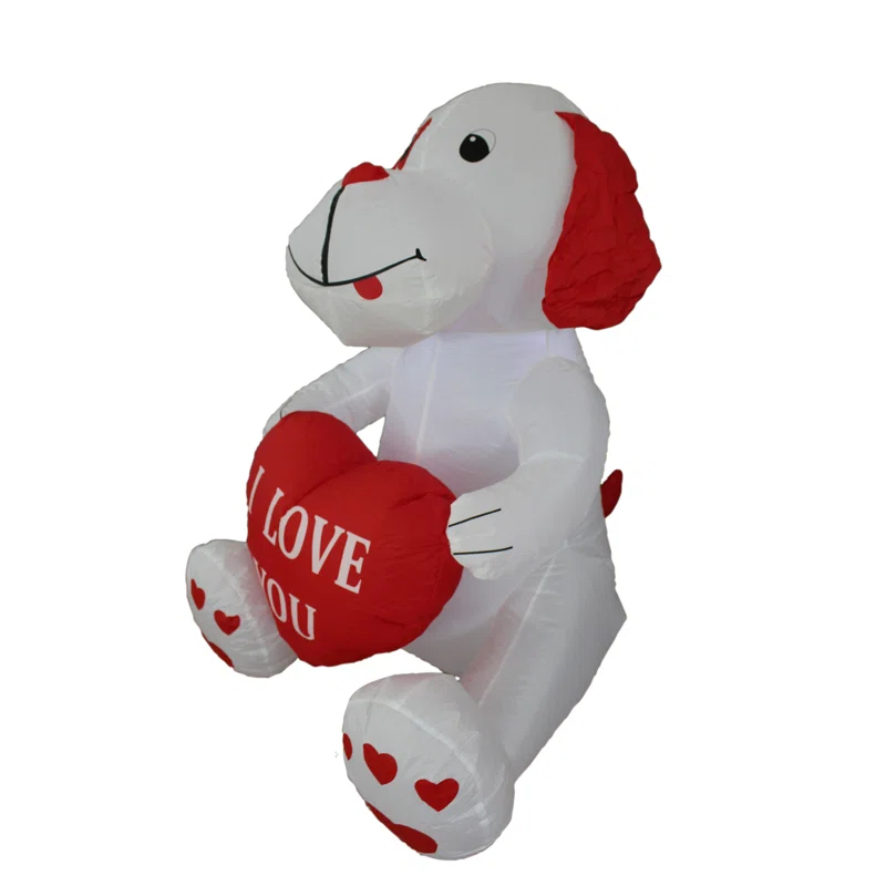 The Holiday Aisle® 4 Foot Tall Lighted Happy Valentine's Inflatable Cute White Puppy Doggy with I Love You Heart Indoor / Outdoor Blow Up Yard Decoration