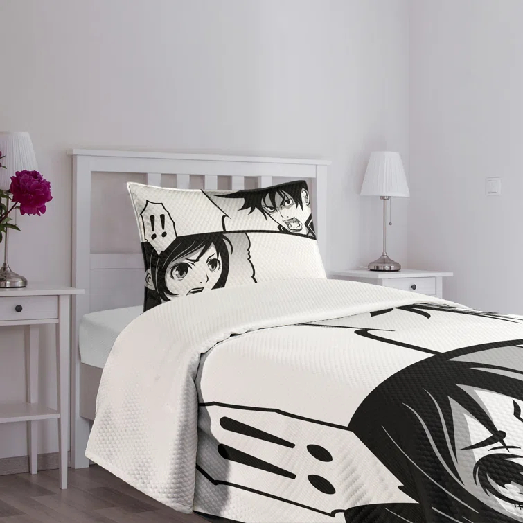 Ambesonne Ambesonne Anime Bedspread Set Japanese Cartoon Comic Black White Grey