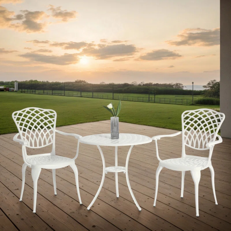 World Menagerie 3 Piece Patio Bistro Set Cast Aluminum Bistro Table And Chairs Set Of 2 With Umbrella Hole,All Weather Metal Bistro Table Set,Outdoor Patio Furniture Set For Garden