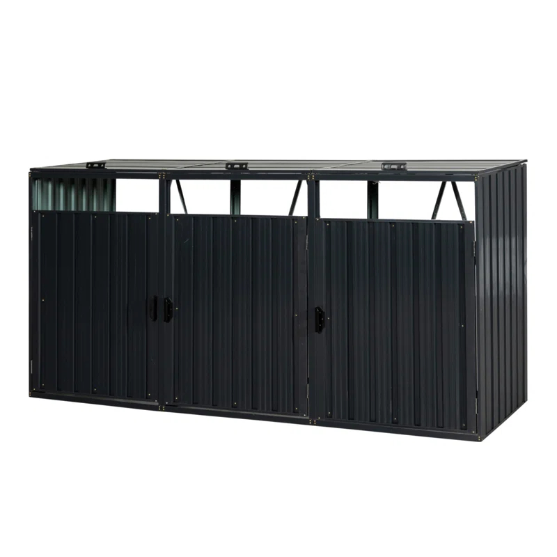 HLILish Garbage Bin Shed Stores 3 Trash Cans Metal Outdoor Bin Shed For Garbage Storage,Stainless Galvanized Steel, Bin Shed For Garden Yard Lawn