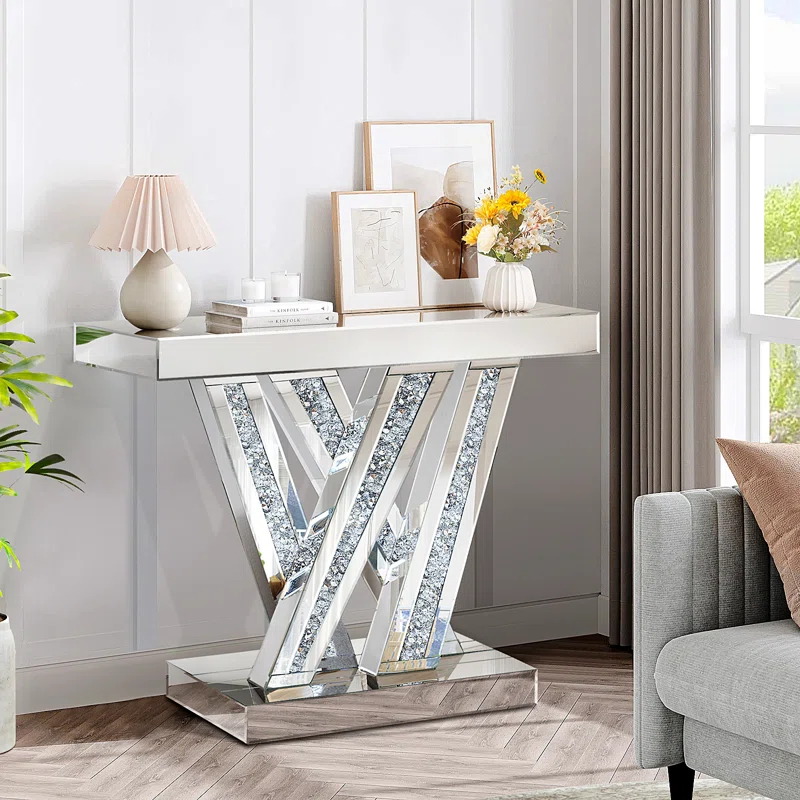Modern Entryway Console Table With Crushed Diamond Inlay, 35" Silver Mirrored Glass Hallway Table For Entryway, Glam Decorative Sofa Tables For Living Room