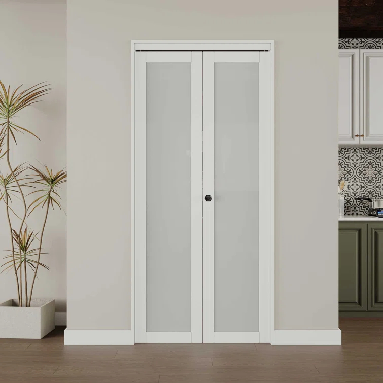EASELIFE Frosted Glass And Solid Manufactured Wood Bi-Fold Door With Installation Hardware Kit