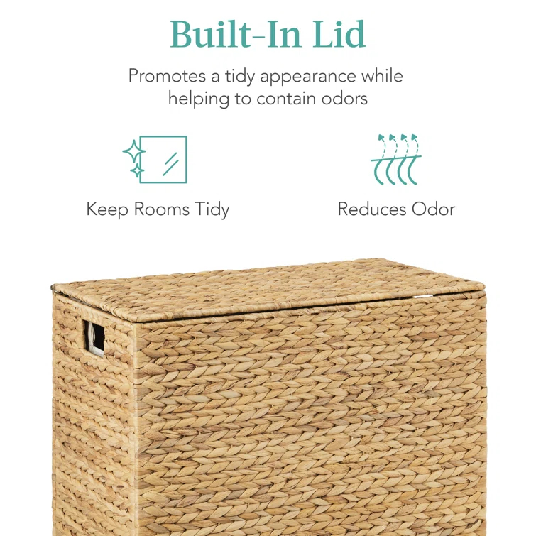 Bayou Breeze Large Water Hyacinth Double Laundry Hamper Basket w/ 2 Liner Bags, Handles
