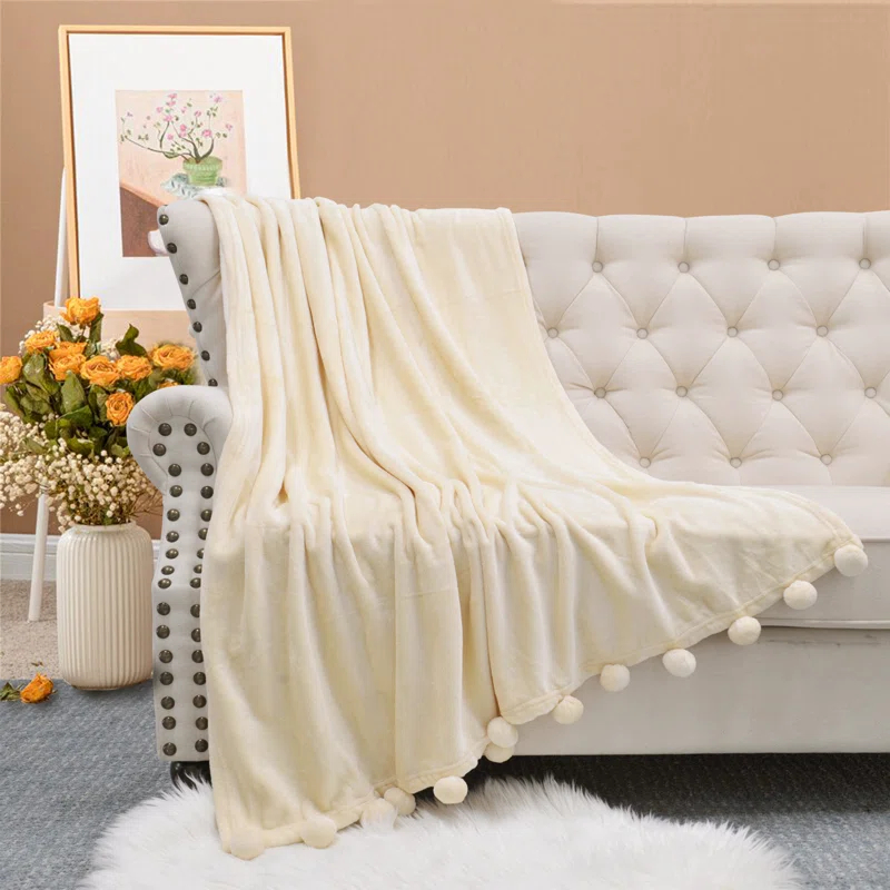 Home Soft Things Flannel Fleece Pom Pom Blanket