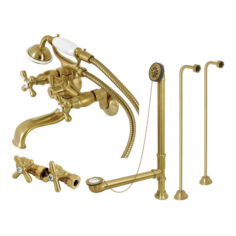 Kingston Brass Kingston Brass Vintage Three-Handle 2-Hole Tub Wall Mount Clawfoot Tub Faucet Package with Supply Line, Hand Shower and Tub Drain CCK225SN