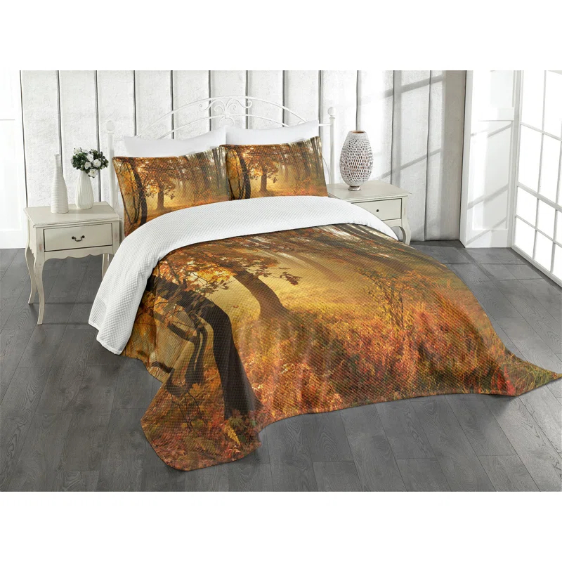 Ambesonne Ambesonne Fall Bedspread Set Misty Autumnal Forest Orange Brown Green