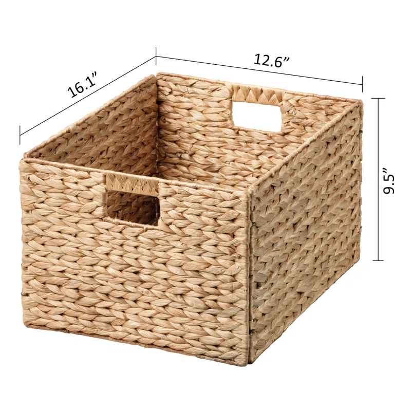 Rectangular Natural Water Hyacinth Hand Woven Rattan Wicker Storage Basket Set with Iron Wire Frame